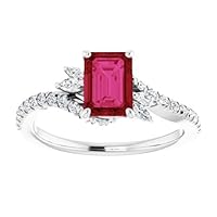 Twist & Swirl 3 CT Emerald Shape Ruby Engagement Ring 14k White Gold, Emerald Marquise Red Ruby Ring, Ruby Cross over Ring, July Birthstone Rings