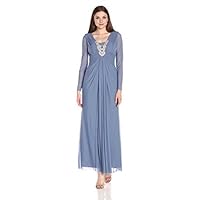 Marina Women's Long Dress with Sheer Sleeves and Beaded Applique