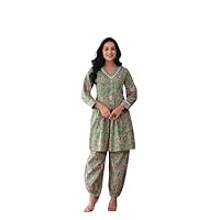 Floral Print Cord Set with V-Neck Kurta and Afghani Pants, Green, Women's