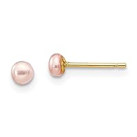 14K Yellow Gold 10 11mm Pink Button Freshwater Cultured Pearl Stud Earrings