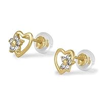 14K Yellow Gold Heart Simulated Birthstone Flower Stud Earrings For Girls Of All Ages