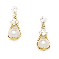 14k Yellow Gold White 5x5mm Freshwater Cultured Pearl CZ Inverted Love Heart Screw Back Earrings Jewelry for Women
