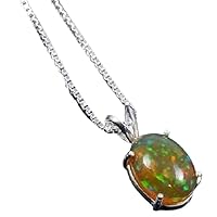 925 Sterling Silver Genuine Ethiopian Fire Opal Gemstone Pendant With 20Inch Chain Jewelry
