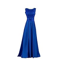 Women's Scoop Neck Lace Applique Satin Evening Dresses Sleeveless Floor Length Bridesmaid Dress Royal Blue