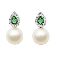14k White Gold AAAA Quality Cream Japanese Akoya Cultured Pearl White Sapphires and Green Chrome Diopside Earrings for Women