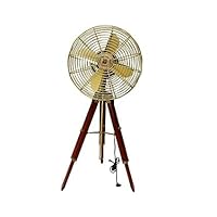 Vintage Style Brass Electric Floor Fan with Antique Wooden Tripod Stand - Nautical Functional Pedestal Floor Fan Home Decor