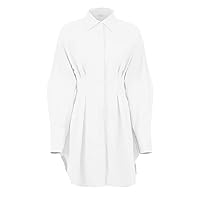 Office Pleated Shirt Dress Casual A-Line Single Breasted Dresses Turn-Down Collar High Waist Mini