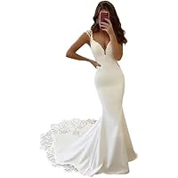 Lace Satin Mermaid Wedding Dresses for Bride Deep V-Neck Prom Dress Beach Bridal Gown with Train Ivory 4