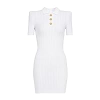 Elegant Classic Style Summer Women Polo Collar Short Sleeve Stretchy Casual Sheath Knit White Dress