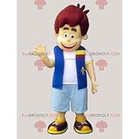 Boy REDBROKOLY Mascot dressed in a vest and shorts