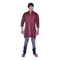Lakkar Haveli Indian 100% Cotton Shirt Men's Loose Fit Solid Kurta Maroon Color Plus Size