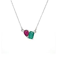 14K Gold Natural Emerald Ruby Toi Et Moi Necklace Pendant, AAA Near Flawless Color Pear Shape & Emerald Cut=1.05 CT