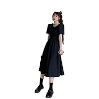 Lolita Gothic Dress Puff Sleeve Dress Summer Women's Backless Mid Length A-Line Skirt (Color : Black, Size : XX-Large)
