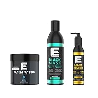 E Elegance Complete Care Bundle: Purifying Charcoal Peel Off Face Mask (8.45 Oz), Aloe Vera Exfoliating Facial Scrub (16.91 Oz) & Lightweight Hair & Beard Conditioning Oil (3.38 Oz) for Men and Women