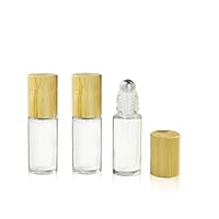 Grand Parfums 3Pcs 5mL/0.17 Oz Refillable Clear Glass Essential Oil Roll-on Bottles w/Steel Roller Balls and Bamboo Lids Empty Cosmetic Makeup Perfume Lip Gloss