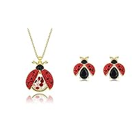 Lovely Cute Ladybug Pendant Necklace and Stud Earring Set Gold Plated Austrian Crystals for Women Girl Gift Party