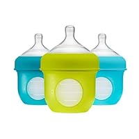 Boon Nursh Reusable Silicone Baby Bottles with Collapsible Silicone Pouch Design - Everyday Baby Essentials - Stage 1 Slow Flow Baby Bottles - Blue - 4 Oz - 3 Count