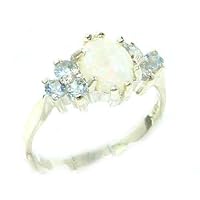 925 Sterling Silver Real Genuine Opal and Aquamarine Womens Band Ring