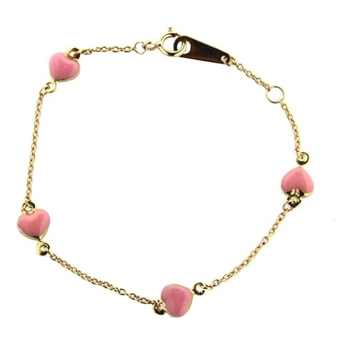 Amalia 18K Yellow Gold Bracelet with Pink Enamel Hearts, 6 inch