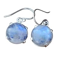 925 Sterling Silver Genuine Round Rainbow Moonstone Small Earring Jewelry