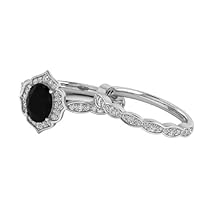 Oval shaped Black Onyx Engagement Ring 2.5 CT Rose Gold Halo Unique Black Stone Engagement Ring Set For Women Wedding Bridal Promise Rings For Her