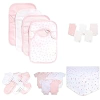 Burt's Bees Baby Bundle, Pink and White Organic Cotton Baby Bibs Set Pack of 4 + Burp Cloths Pack of 5 + Baby Socks 6 Pairs, Short Bodysuits Pack of 5 + Fitted Crib Sheet for Age 0-3 Months