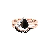 10X7 Pear Shape 2.00 CT Black Onyx Wedding Bridal Ring Set For Bride, Solitaire Ring Set For Daughter, Art Deco Ring Sets For Black Lover's.