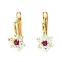 14k Yellow Gold July Red 1.5mm CZ Cubic Zirconia Simulated Diamond Flower Leverback Earrings Measures 13x6mm Jewelry for Women