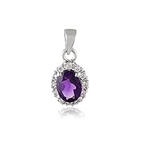 925 Sterling Silver Pendant for Women & Girls, Solitaire Oval Cut Natural Amethyst and Crystal Zirconia Accents - Certificate of Authenticity Included