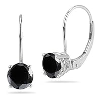 Round Black Diamond Stud Lever Back Earrings AA Quality in 14K White Gold Available in Small to Large Sizes