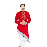 Indian Men's Cotton Embroidered Kurta Solid Red Color Trail Wedding Wear Tunic Casual Shirt Plus Size