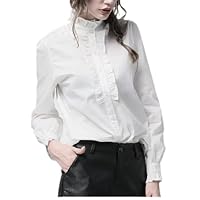 Women White Blouse Ruffled Stand Collar Long Sleeve Button-Down Cotton Shirt Loose Plus Size Office Blouses Tops