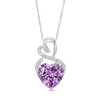 Lab-Created Gemstone Birthstone Heart and Diamond Accent Necklace Pendant Charm in 10k White Gold or 10k Yellow Gold plated or 925 Sterling Sliver with 18” Chain (Choose your Birthstone)