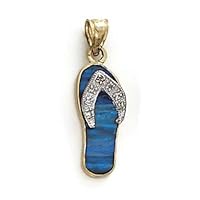 14k Two Tone Gold Blue Simulated Opal Flip Flop Diamond Accent Pendant Necklace Jewelry for Women