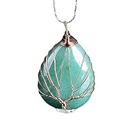 Natural Green Aventurine Gemstone with Tree Of Life Engraved Drop Shape Crystal Pendant for Healing Crystal Pendant Jewelry for Men Women Charm Necklace