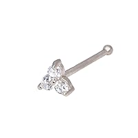 JewelryWeb Solid 14K Yellow, White or Rose Gold 3-mm 20 Gauge 3-stone Cubic Zirconia Nose Stud
