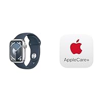 Apple Watch Series 9 [GPS 41mm] Smartwatch with Silver Aluminum Case with Storm Blue Sport Band M/L, Water Resistant with AppleCare+ (2 Years)