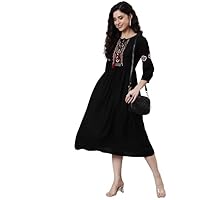 Viscose Embroidered Dress Flared | Knee Length Dress for Women with Quarter Sleeves and Round Neck (Black)