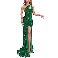 Women's One Shoulder Mermaid Prom Dress Sequin Long Formal Evening Party Gowns with Slit