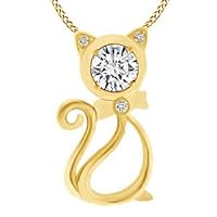 Round Shape Cubic Zirconia Animal Cute Cat Pendant Necklace 14K Yellow Gold Plated
