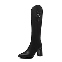 Women's Pointed Toe High Heels Long Black Women Cowboy Boots Boots Overwear Pu Leather Knee-Length Boots Thick Heel High Heels But Knee High Boots