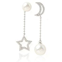 Luxury Cz Imitation Pearl Star Moon Asymmetry Long Earrings Lady Jewelry Creative And Exquisite Workmanship, M, Zinc, No Gemstone