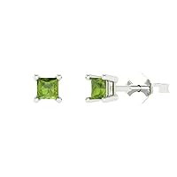 0.6 ct Princess Cut Solitaire VVS1 Natural Green Peridot Pair of Stud Earrings Solid 18K White Gold Butterfly Push Back