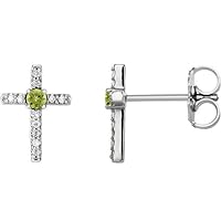 IND CREATION JEWELRY 1.00Ct Round Cut Created White Diamond & Peridot Cross Push Back Stud Earring 14k White Gold Finish 925 Sterling Silver