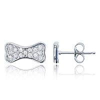 Sterling Silver Rhodium Micropave Round Cubic Zirconia Dog Bone Stud Earring