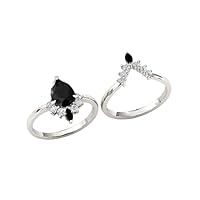 14k 1.00 CT White Gold Black Onyx Engagement Ring Set Art Deco Pear Cut Black Onyx Wedding Ring Set for Women Antique Bridal Anniversary Ring Set