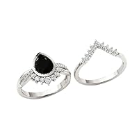 Antique Black Onyx 1.00 CT Engagement Ring Set Art Deco Pear Cut Black Onyx Wedding Ring Set 14k Gold Vintage Black Onyx Bridal Anniversary Ring Set