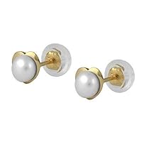 Girls 14K Yellow/White Gold Cultured Pearl Heart/Flower Shaped Silicone Back Earrings