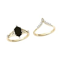 1 CT Hexagon Shaped Black Onyx Engagement Ring Set Vintage Black Gemstone Wedding Ring Set Antique 925 Silver Black Onyx Promise Ring Set For Her