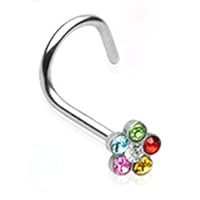 18g Surgical Steel Nose Ring Screw Body Jewelry Piercing with Rainbow Gem Flower 18 Gauge 7Z ACC Body Jewelry